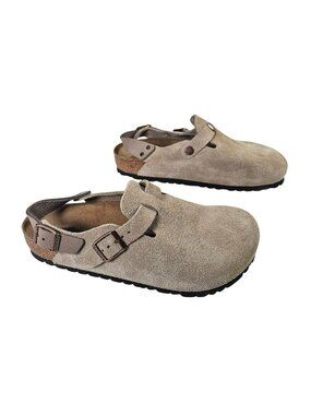 Birkenstock Boston Suede Clogs Heel Strap Womens Size 8.5 (39 EU) Taupe Gray EUC